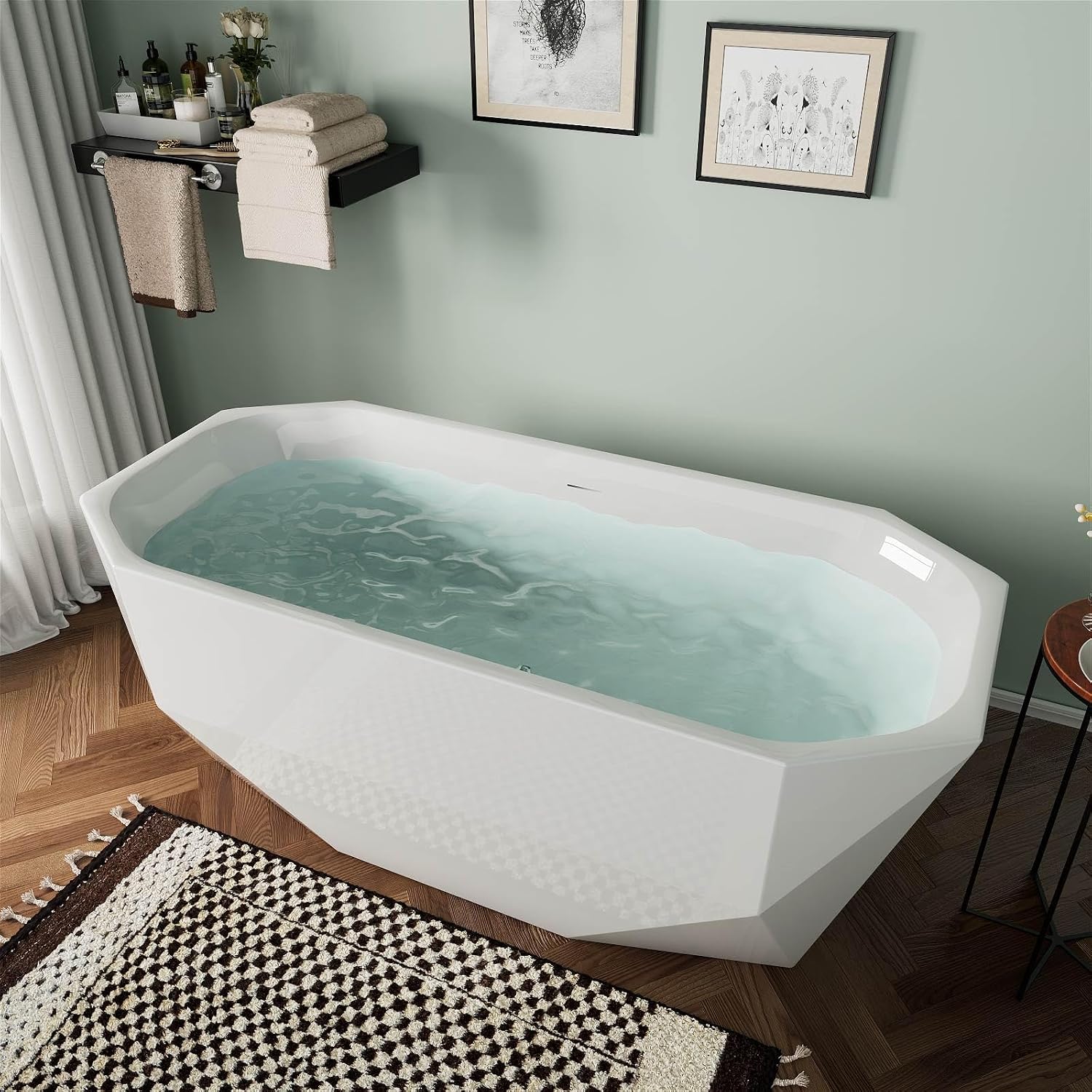 63' Acrylic Freestanding Bathtub, Irregular Diamond Shape Free Standing Tub, Soaking Tub with Integrated Slotted Overflow, Toe-Tap Chrome Drain, cUPC Certified, Glossy White