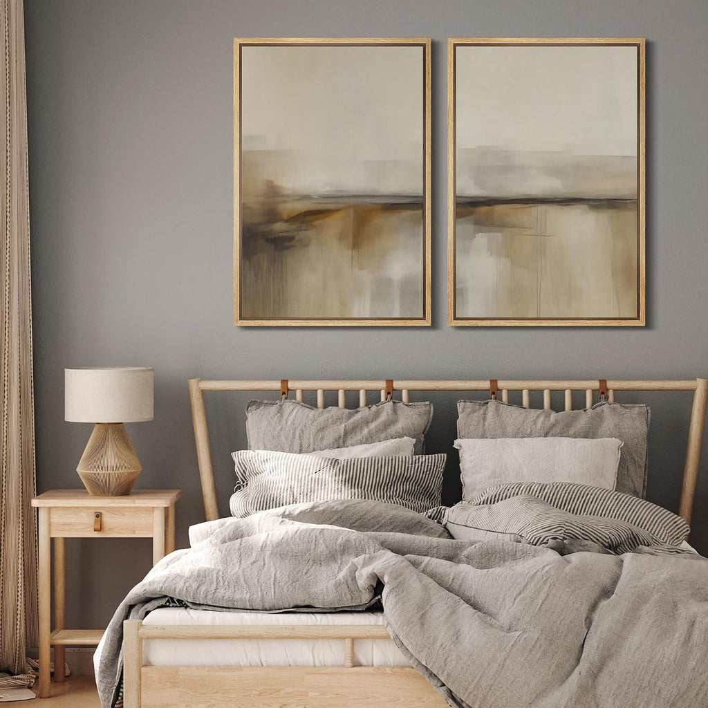 MUDECOR Framed Canvas Print Wall Art Set Abstract Beige and Brown Gradient Neutral Minimalist Landscape Illustrations Modern Art Decorative Calm for Living Room, Bedroom, Office - 24'x36'x2 Natural