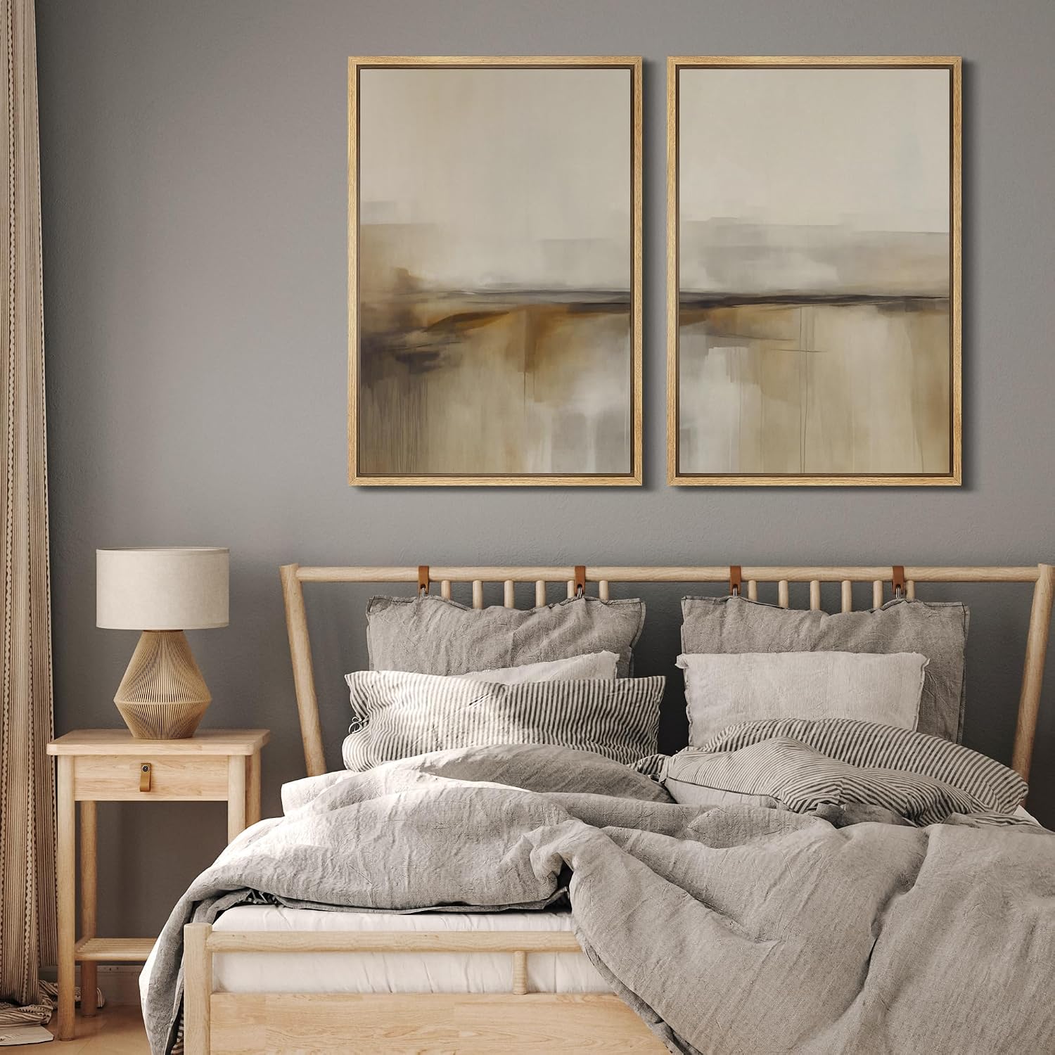 MUDECOR Framed Canvas Print Wall Art Set Abstract Beige and Brown Gradient Neutral Minimalist Landscape Illustrations Modern Art Decorative Calm for Living Room, Bedroom, Office - 24'x36'x2 Natural