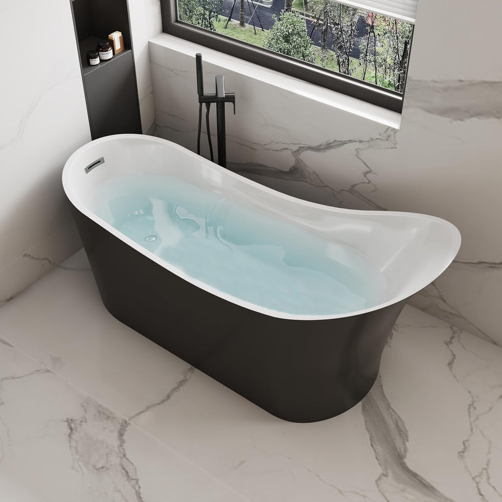 55' Black Modern Free Standing Soaking Slipper Bathtub, WHALEKING Luxury Stand Alone Deep Acrylic Hot Tub with Chrome Overflow&Drain, Matte Black