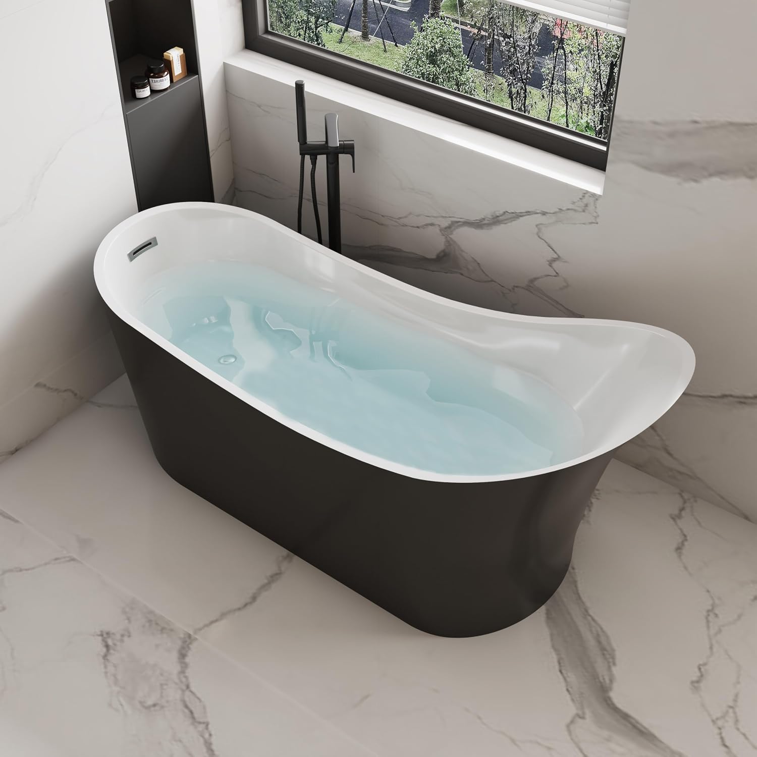 55' Black Modern Free Standing Soaking Slipper Bathtub, WHALEKING Luxury Stand Alone Deep Acrylic Hot Tub with Chrome Overflow&Drain, Matte Black
