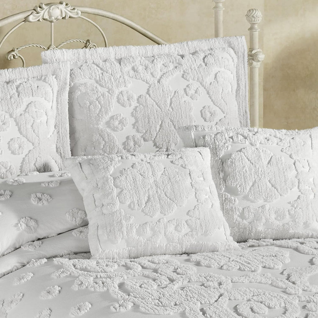 Laurent White Exceptionally Soft Cotton Bedding | Elegant Tufted Chenille Scrollwork Medallion Floral | Machine Washable | 5 Piece Set with Full Bedspread, 2 Standard Shams, and 2 Square Pillows