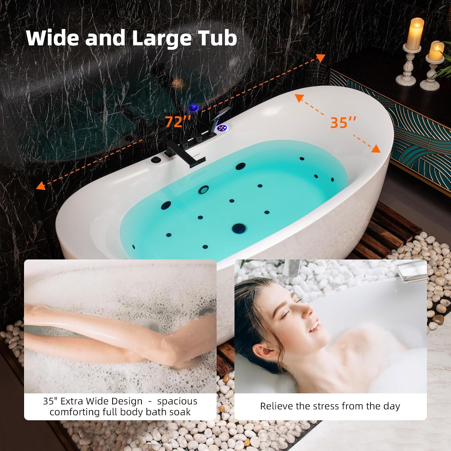 WOODBRIDGE 72' x 35-3/8' Whirlpool and Air Bath Heated Soaking Combination Tub with Adjustable Speed Air Blower, Tub Filler, and LED control panel, Matte Black Finish Trim and Drain Kit,BM-400+F0051