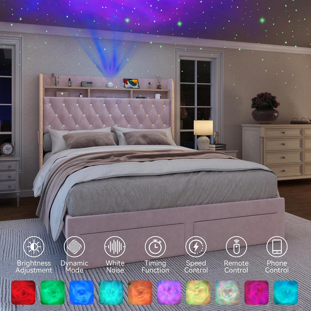 Torana Full LED Bed Frame with 2 Drawers, 53' Tall Platform Beds with Galaxy Star Projector Charging Station, Velvet Upholstered Diamond Tufted Aurora Bedframe with Storage Headboard, Pink