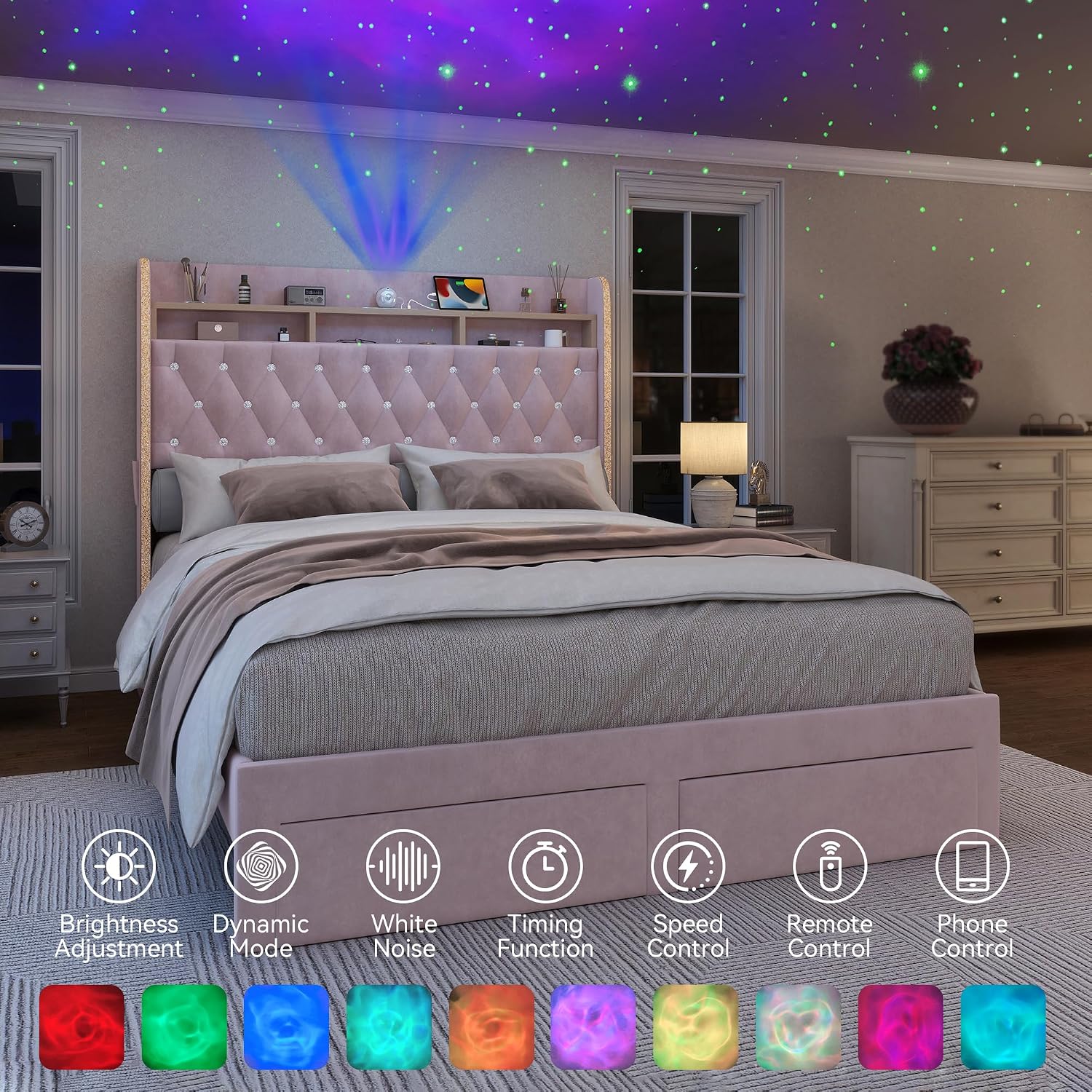 Torana Full LED Bed Frame with 2 Drawers, 53' Tall Platform Beds with Galaxy Star Projector Charging Station, Velvet Upholstered Diamond Tufted Aurora Bedframe with Storage Headboard, Pink