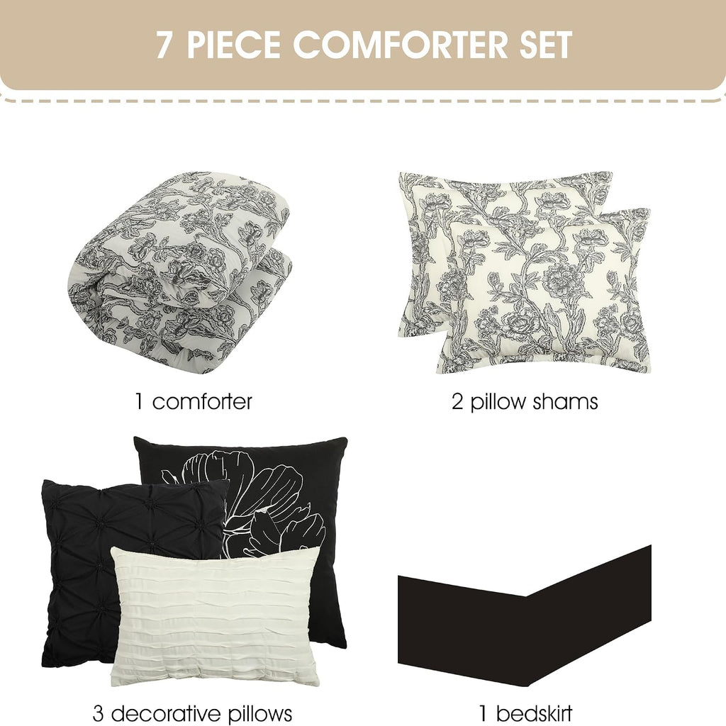 Grand Avenue Black and White Comforter Set Queen Size, 7 Piece Clip Jacquard Floral Bedding Set, All Season Comforters, Bedskirt, Pillows & Shams