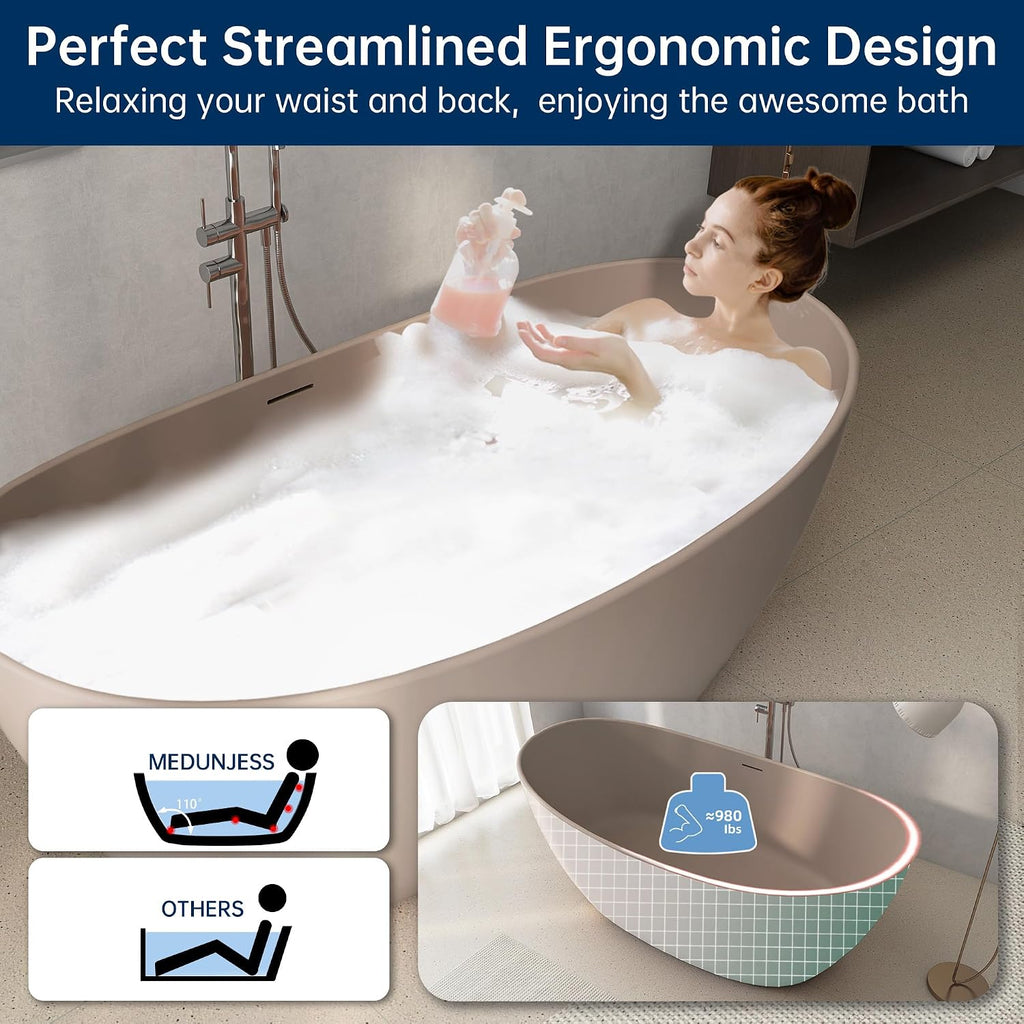 65'' Stone Resin Solid Surface Freestanding Bathtub, Modern Elegant Design Soaking Stand Alone Tub, Light Gray, Drain and Overflow Included