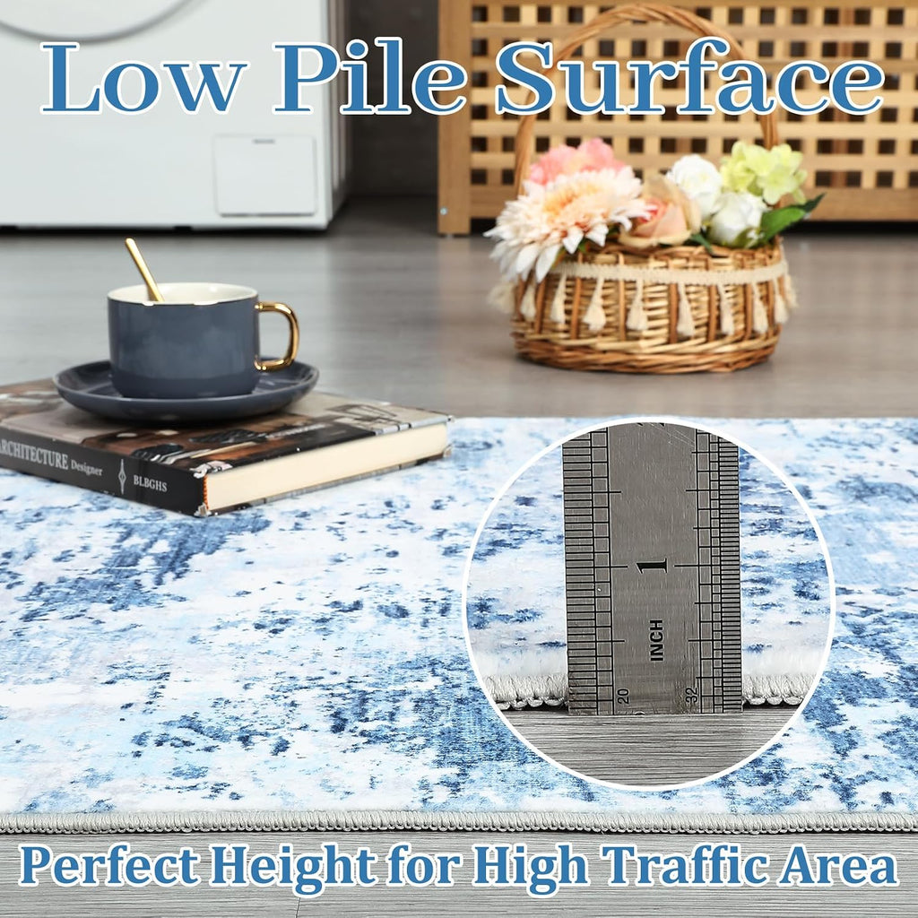 ROYHOME 9x12 Modern Abstract Accent Rug for Living Room Stain Resistant Non Slip Low Pile Accent Bedroom Rug Indoor Floor Cover for Office Home Decor, Blue
