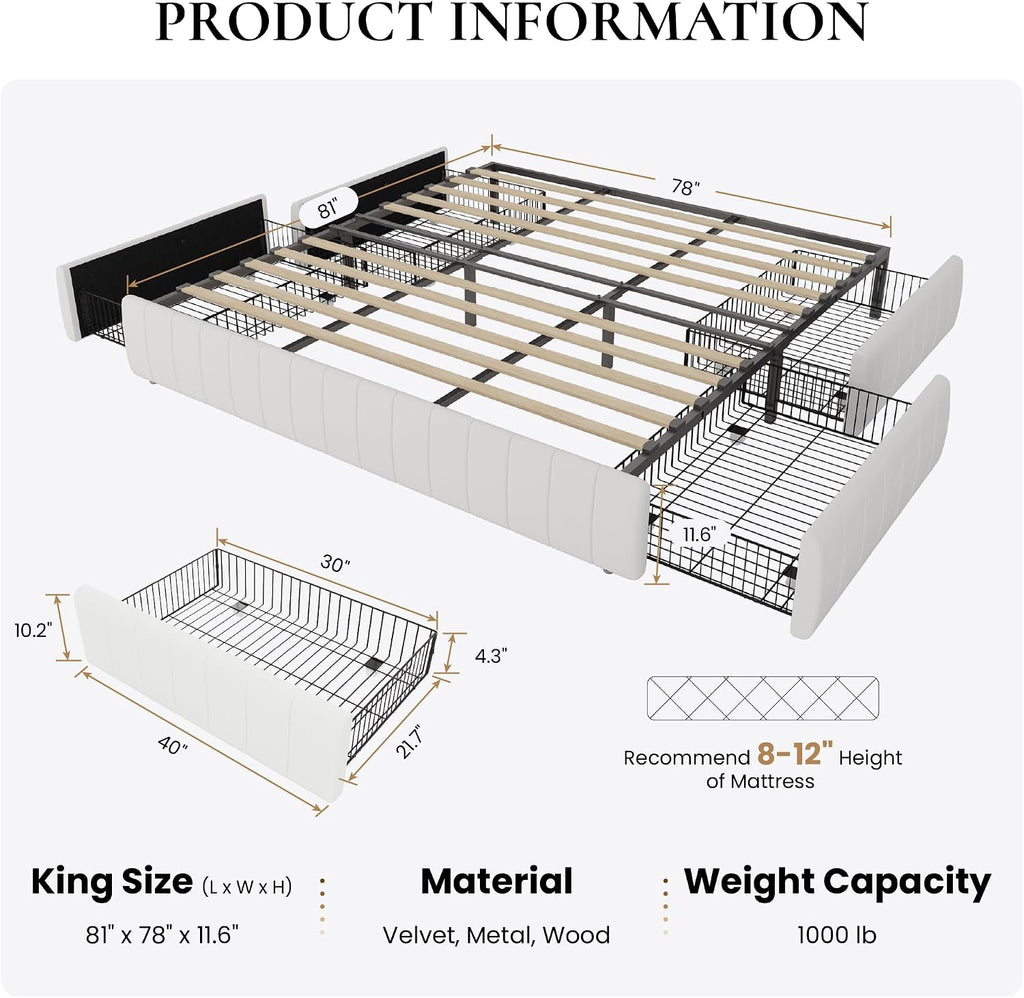 SHA CERLIN King Size Velvet Upholstered Platform Bed Frame with 4 Storage Drawers, Vertical Channel Tufted, Low Profile, Fits Standard Headboards, Wooden Slats Support, Easy Assembly, White
