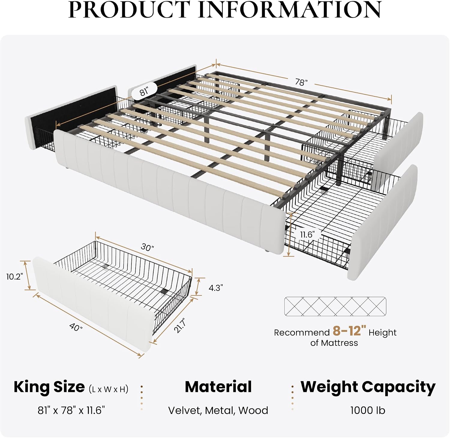 SHA CERLIN King Size Velvet Upholstered Platform Bed Frame with 4 Storage Drawers, Vertical Channel Tufted, Low Profile, Fits Standard Headboards, Wooden Slats Support, Easy Assembly, White
