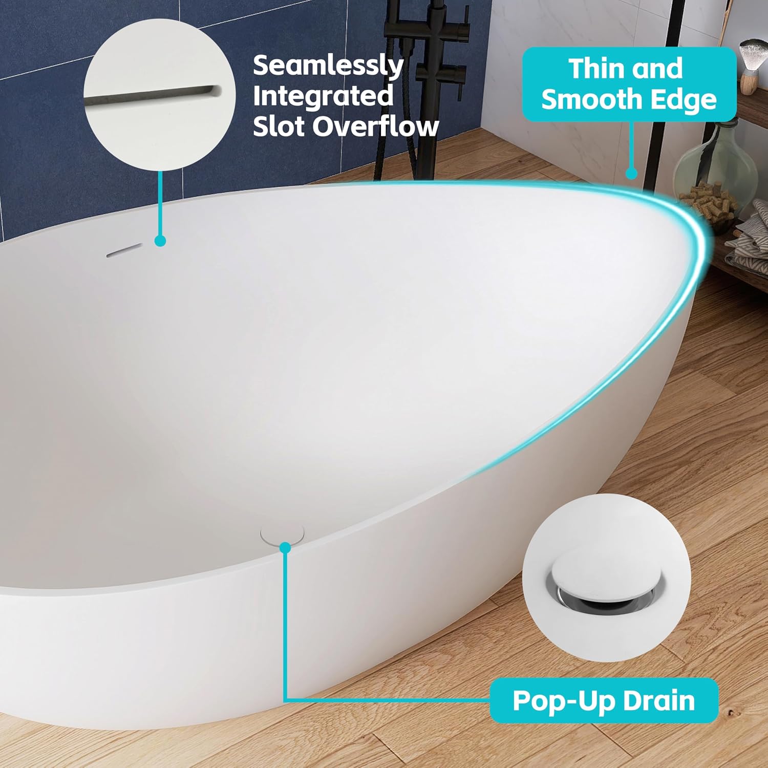 63'' Solid Surface Freestanding Bathtub Matte Soaking Bathtubs Tubs Oval Resin Stone Bathtubs with Overflow and Pop-up Drain - White Free Standing Tub