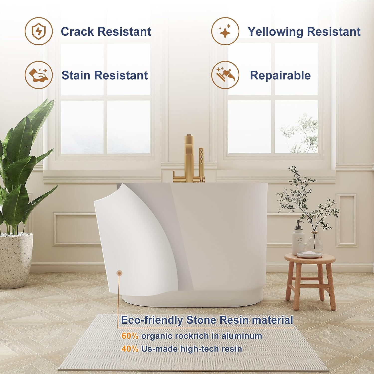 SJ Star&Jane Solid Surface Japanese Soaking Tub, 39' Small Freestanding Bathtub, Stone Resin Deep Soak Stand Alone Tub for Small Bathroom, Matte White Compact Modern Bath Tub