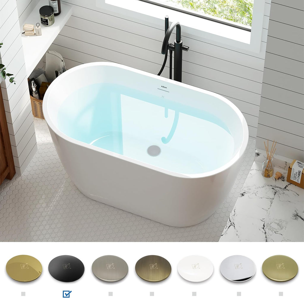 FerdY 47' Bali Acrylic Freestanding Bathtub, Gracefully Shaped Freestanding Soaking Bathtub, cUPC Certified, Toe-Tap Matte Black Drain and Minimalist Linear Design Overflow Included