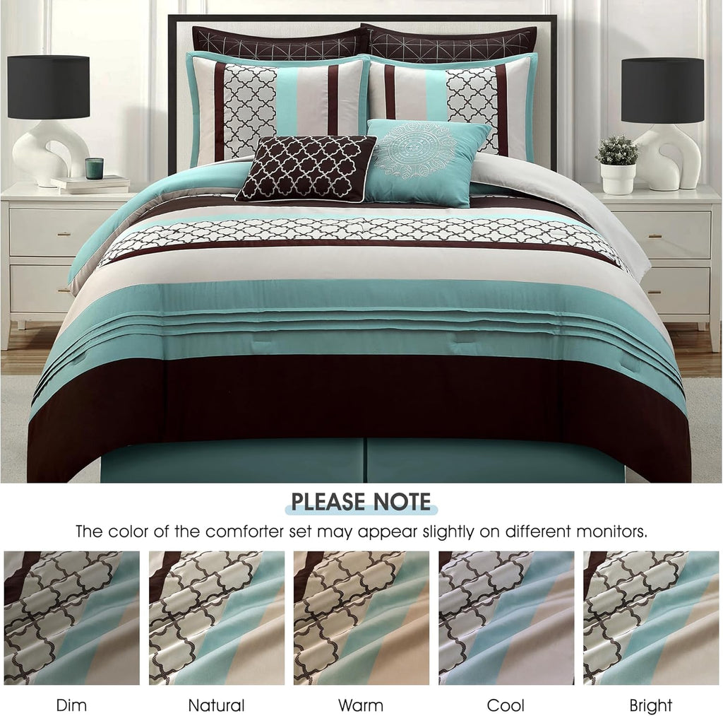 LANCO MODERN LIFESTYLE Queen Comforter Set, Aqua Brown Bedding Set, Jacquard Woven with Embroidery, 8 Pieces Bed in a Bag, Bed Skirt, Shams and Decorative Pillows