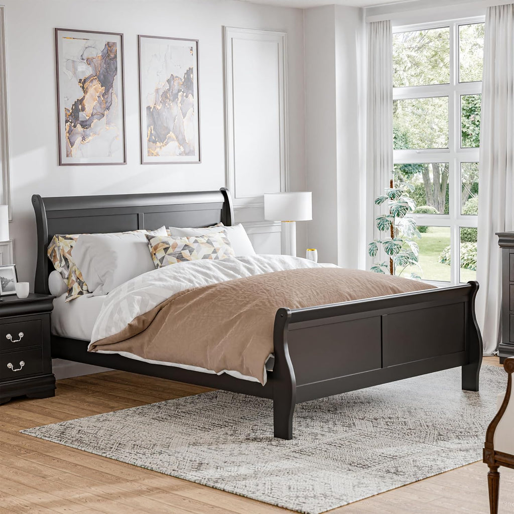 Furniture of America Louis Philippe Traditional Wood King Bed Frame with Headboard and Footboard, Elegant Sleigh Design Bedframe for Bedroom, Guest Room, Easy Assembly, Box Spring Required, Black