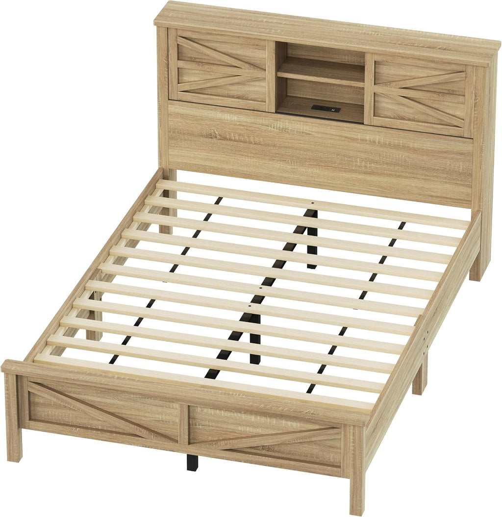 Harper & Bright Designs 3-Pieces Bedroom Sets Queen Size Farmhouse Platform Bed with Double Sliding Door Storage Headboard and Charging Station, Storage Nightstand and Dresser, Natural