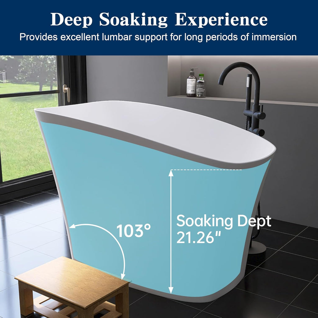 51'' Japanese Soaking Tub Freestanding Bathtub Resin Stone Bathtubs Deep soaking Tub with Overflow and Pop-up Drain - White