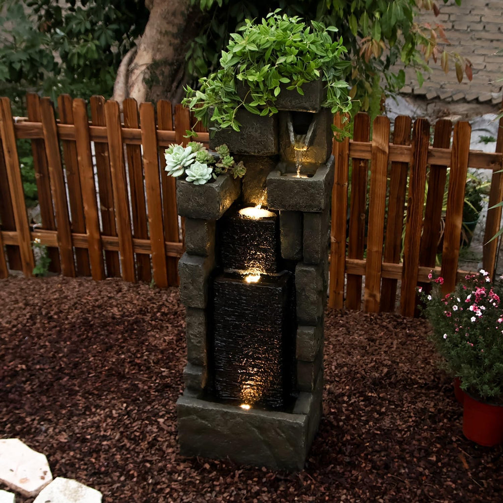YZM 42.72' H Modern Stacking Bricks Water Fountain Outdoor Cascading Waterfall Fountains with Led Lights for Gardens Landscaping Patios Balconies and Lawns Decor for Outside