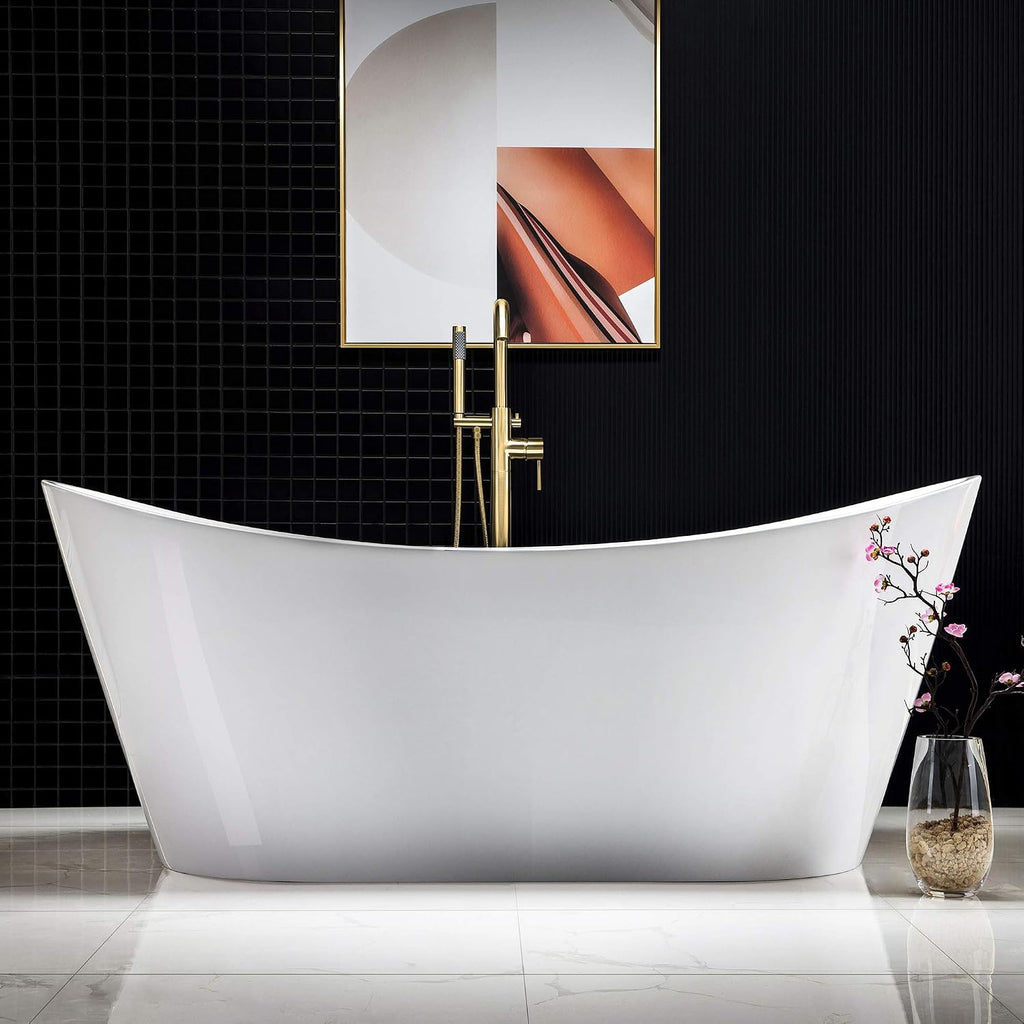 WOODBRIDGE 71'Freestanding White Acylic Soaking Bathtub with Brushed Gold Drain and Overflow,BTA1517 -BG-Drain &O