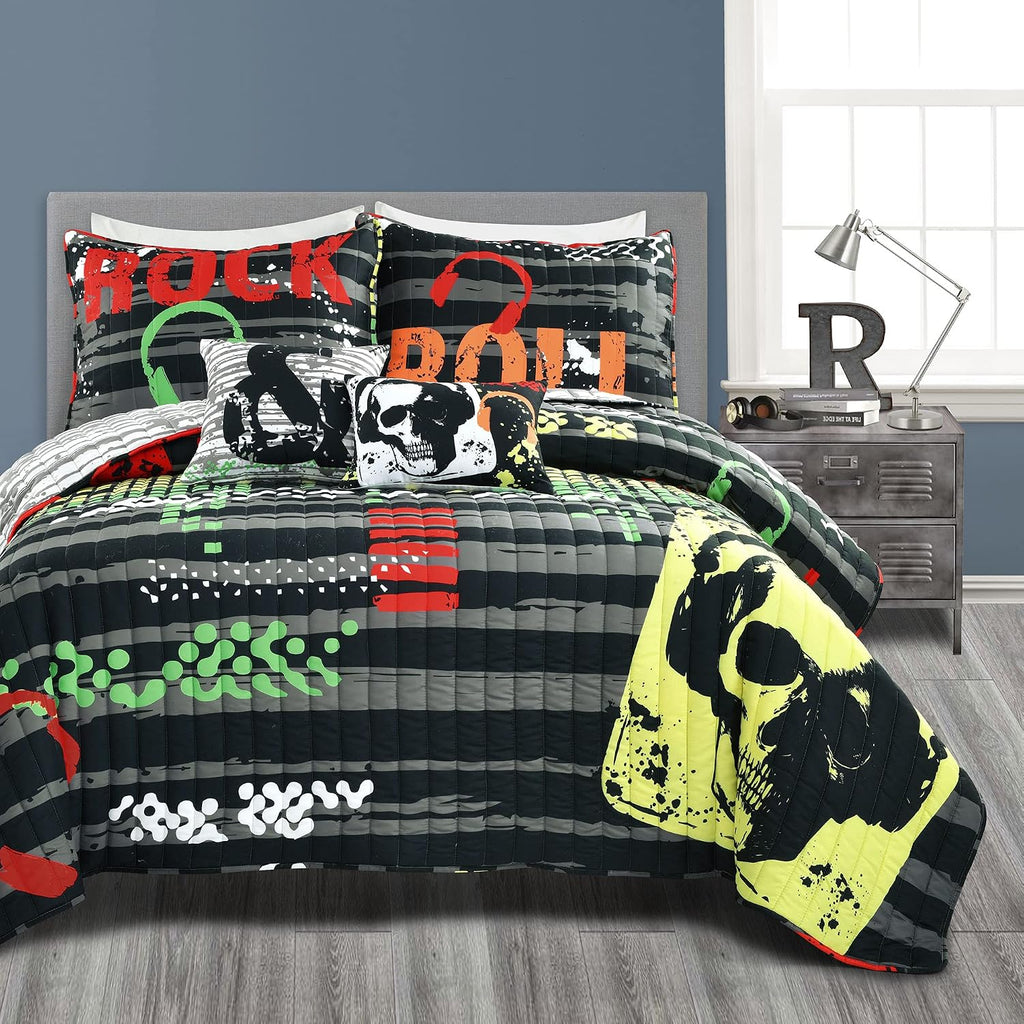 Lush Decor Rock N Roll Reversible 5 Piece Quilt Set, Full/Queen, Black