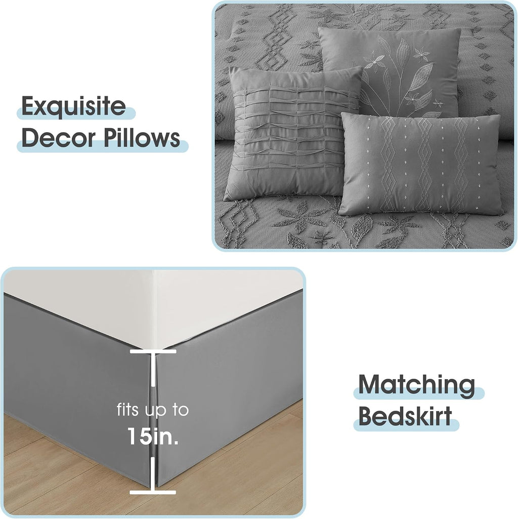 LANCO MODERN LIFESTYLE Grey Comforter Set, Queen Size, 7 Pieces Jacquard Boho Bedding Set for All Seasons, Ultra Soft and Fluffy, Matching Pilllow Shams, Bedskirt and Decor Pillows