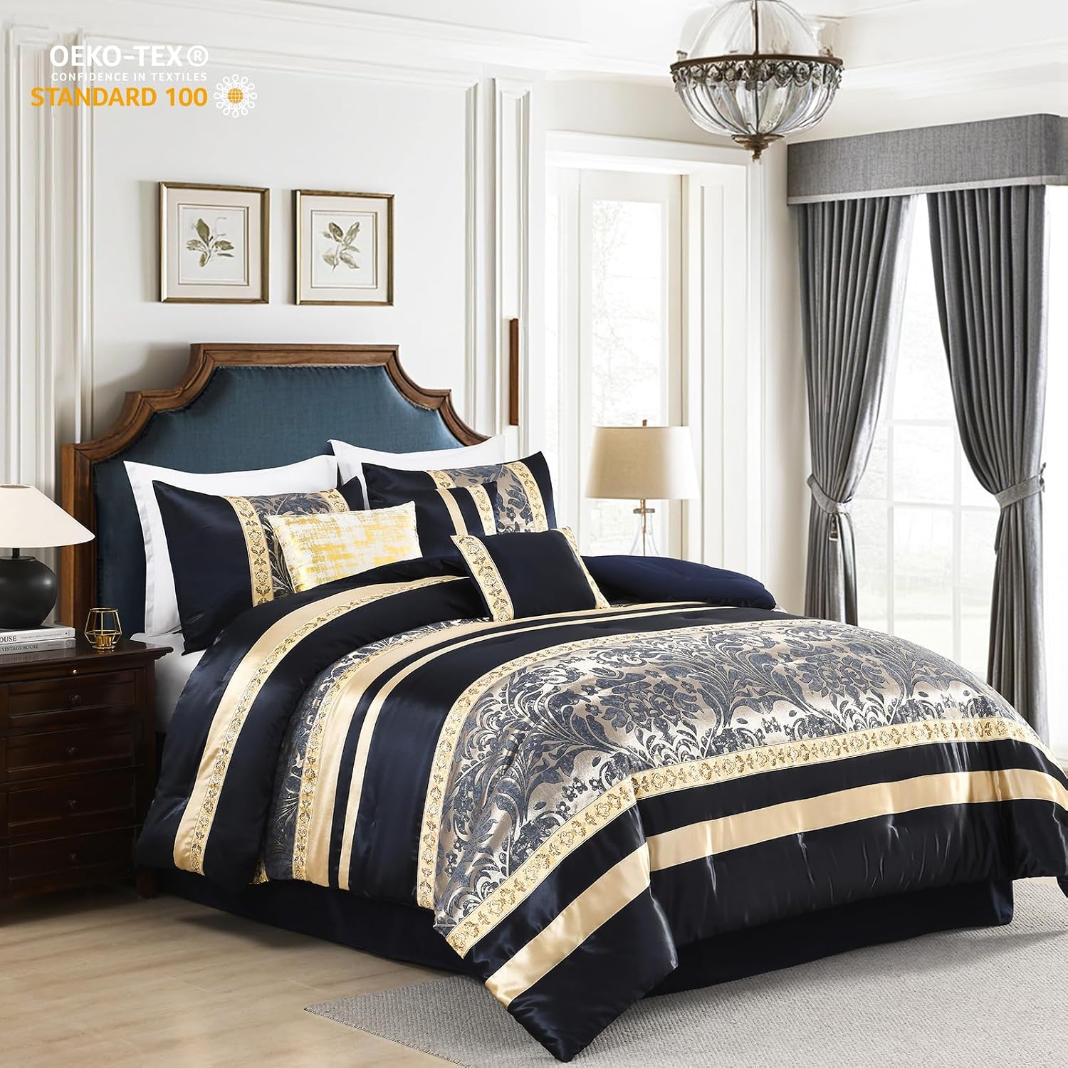 Finlonte King Size Comforter Set, Navy Blue Gold, 7 Piece Bed in a Bag for All Seasons, Luxury Vintage Floral Jacquard Damask Paisley Patchwork, Bedding Sets with Bedskirt, Shams and Decor Pillows