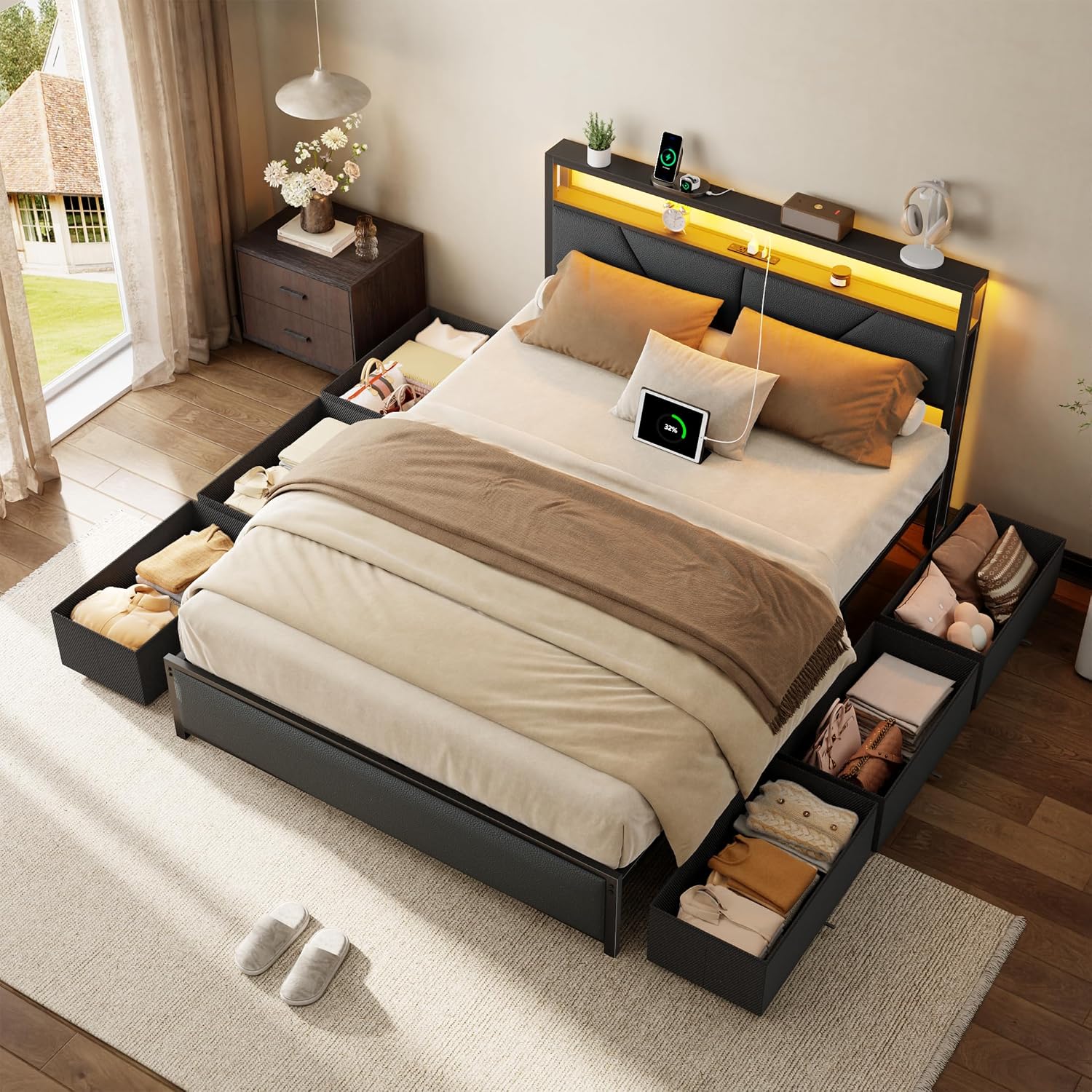 Forestell Full Size Bed Frame with Headboard 2-Tier Storage, PU Leather Upholstered Platform Bed Frame Full with 6 Storage Drawers, Charging Station and LED Lights, No Box Spring Needed, Noise Free