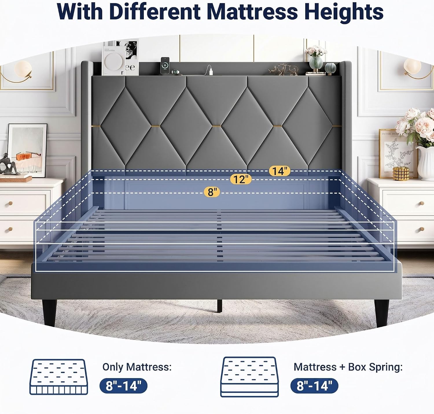 Allewie Velvet Queen Upholstered Bed Frame with Wingback Storage Headboard & Charging Station, Platform Bed with Diamond Tufted Design & Gold Trim, No Box Spring Needed, Easy Assembly, Grey