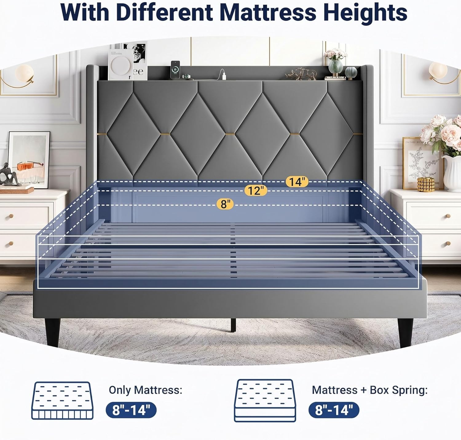 Allewie Velvet Full Size Upholstered Bed Frame with Wingback Storage Headboard & Charging Station, Platform Bed with Diamond Tufted Design & Gold Trim, No Box Spring Needed, Easy Assembly, Grey