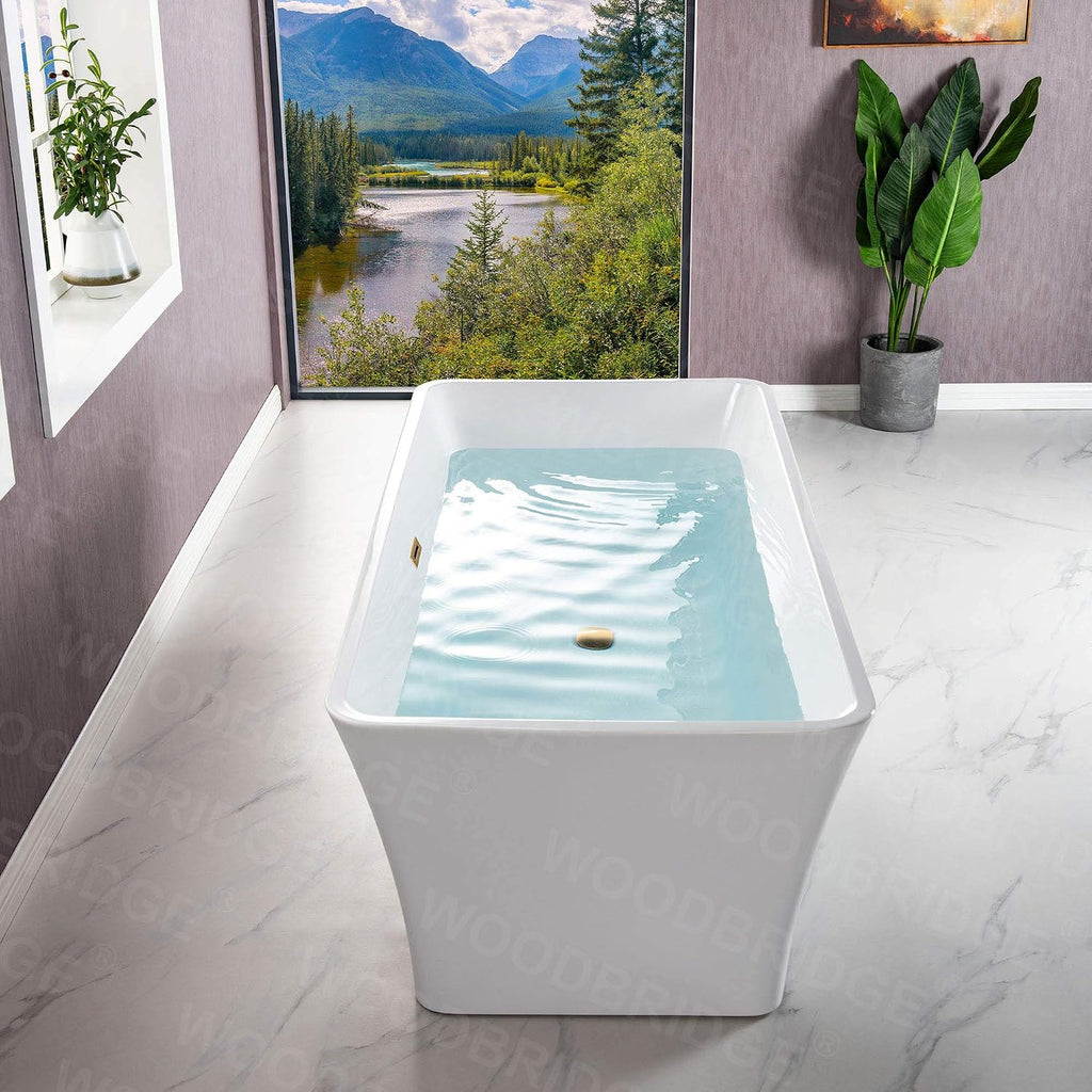 WOODBRIDGE 67' Acrylic Freestanding Bathtub Contemporary Soaking White Tub with Brushed Gold Overflow and Drain，BTA1609-BG-Drain &O
