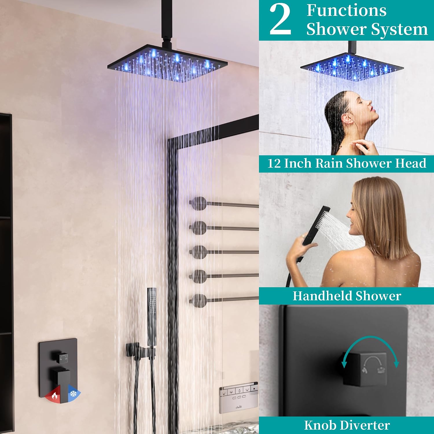 SKOWLL Shower Faucets Sets Complete Ceiling Mount 12 Inch LED Shower Head System with Handheld, Bathroom Rainfall Shower Fixtures Valve Kit, 3 Color Changing Showerhead, Matte Black