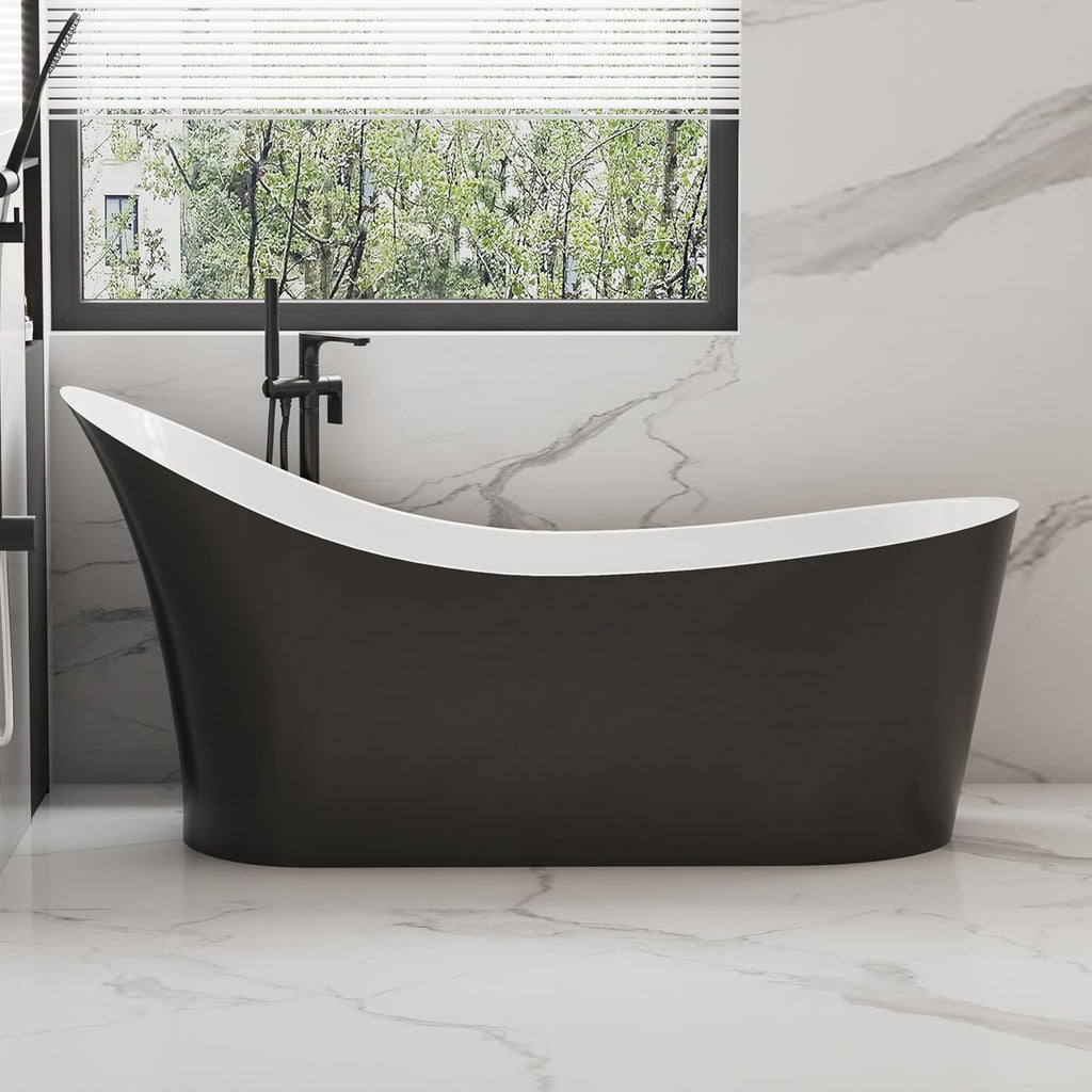 55' Black Modern Free Standing Soaking Slipper Bathtub, WHALEKING Luxury Stand Alone Deep Acrylic Hot Tub with Chrome Overflow&Drain, Matte Black