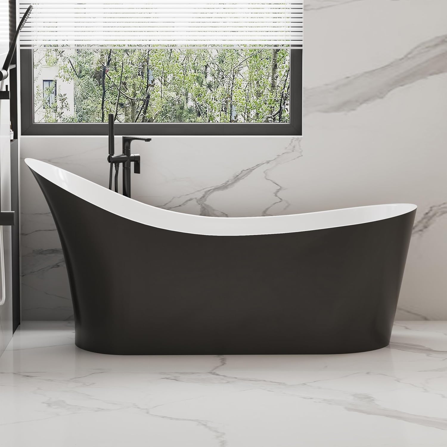 55' Black Modern Free Standing Soaking Slipper Bathtub, WHALEKING Luxury Stand Alone Deep Acrylic Hot Tub with Chrome Overflow&Drain, Matte Black