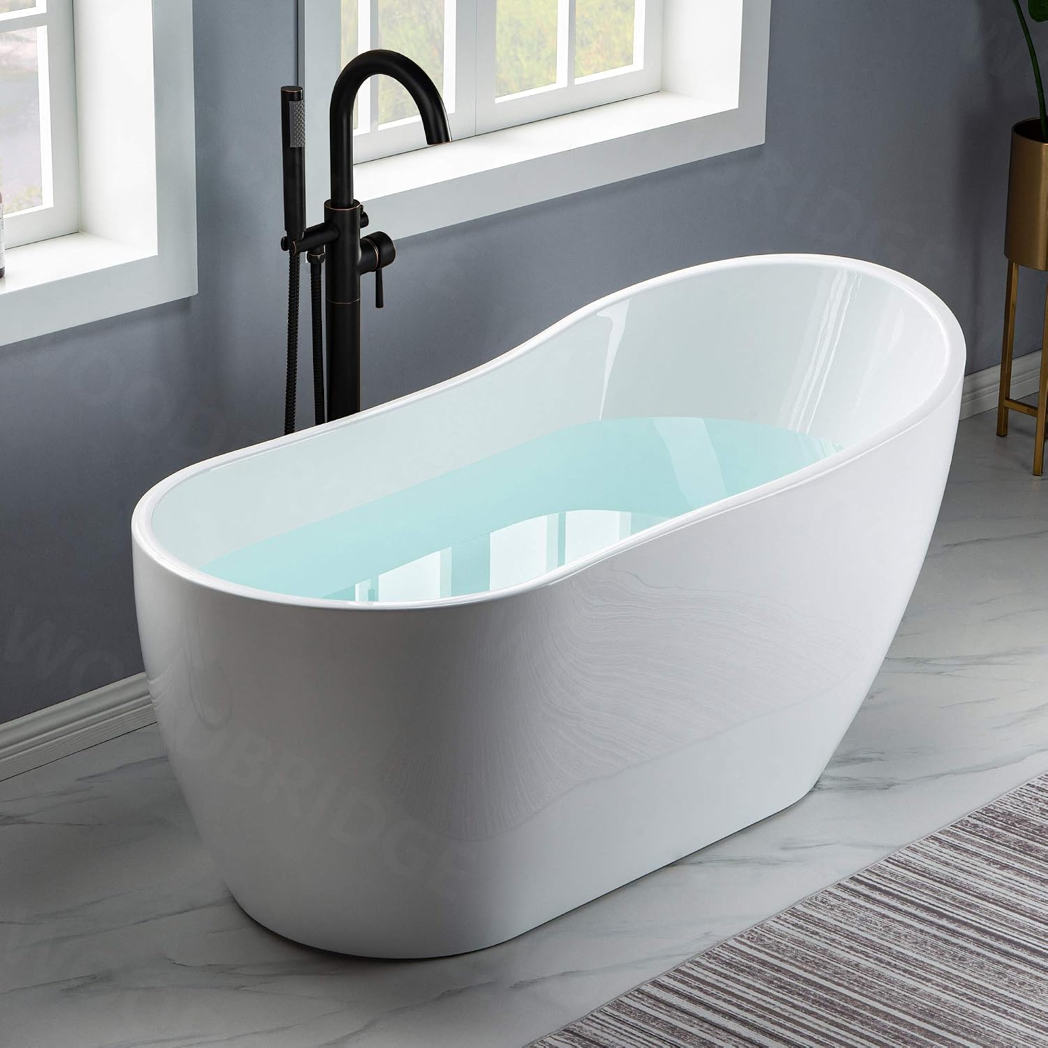WOODBRIDGE 59' Acrylic Freestanding Bathtub Contemporary Soaking White Tub with Oil Rubbed Bronze Overflow and Drain，B1530 -ORB-Drain &O