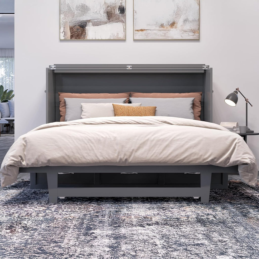 AFI, Northfield Murphy Bed Chest Queen with 6' Mattress, Storage Drawer & Built-in USB Charger, Grey