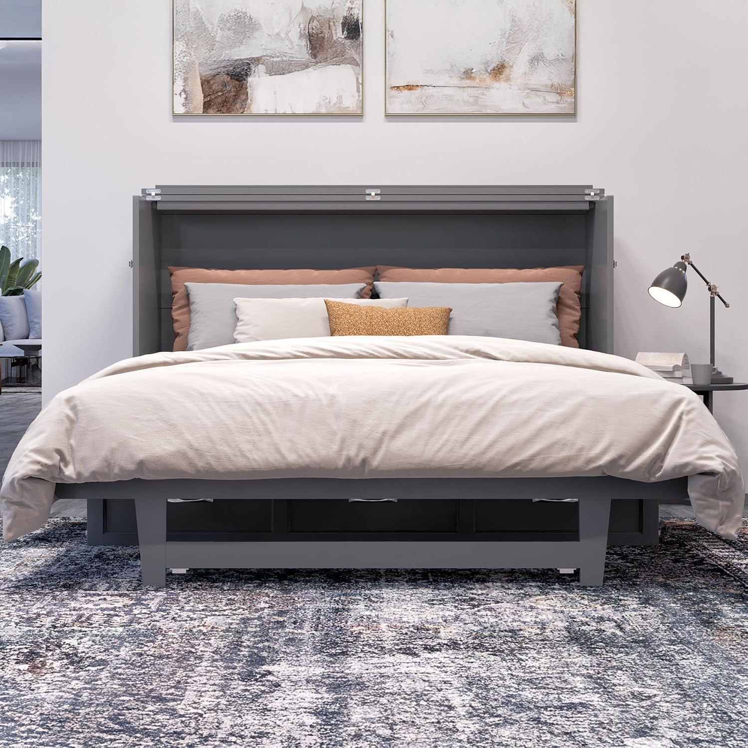 AFI, Northfield Murphy Bed Chest Queen with 6' Mattress, Storage Drawer & Built-in USB Charger, Grey