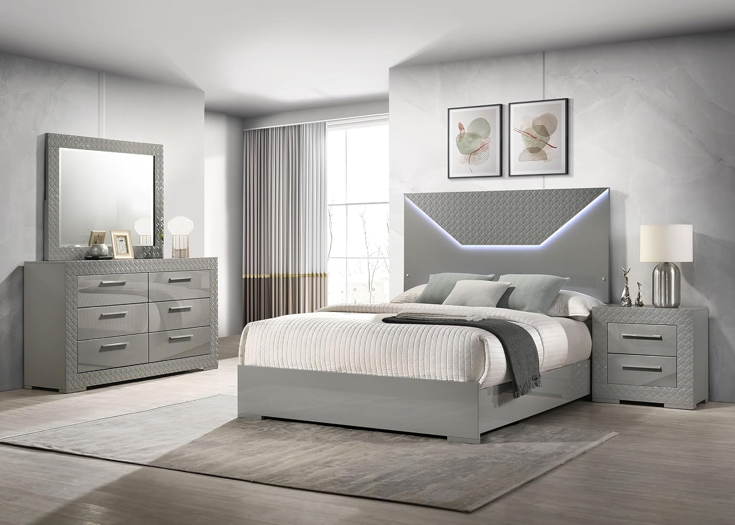 Coaster Home Furnishings Ives Contemporary 4-Piece Bedroom Set Queen Size LED Panel Bed Frame 57-inch Headboard Grey High Gloss 224971Q-S4