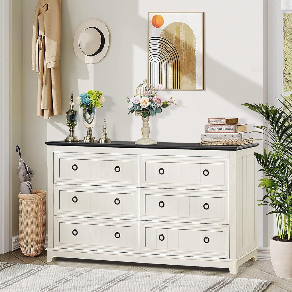 Joaxswe Farmhouse Furniture Set, Nightstands Set of 2 and 6 Drawers Dresser for Bedroom, 54 Inch Wide Wood Dresser and 18' Night Stands with Charging Station for Bedroom, Living Room, Hallway