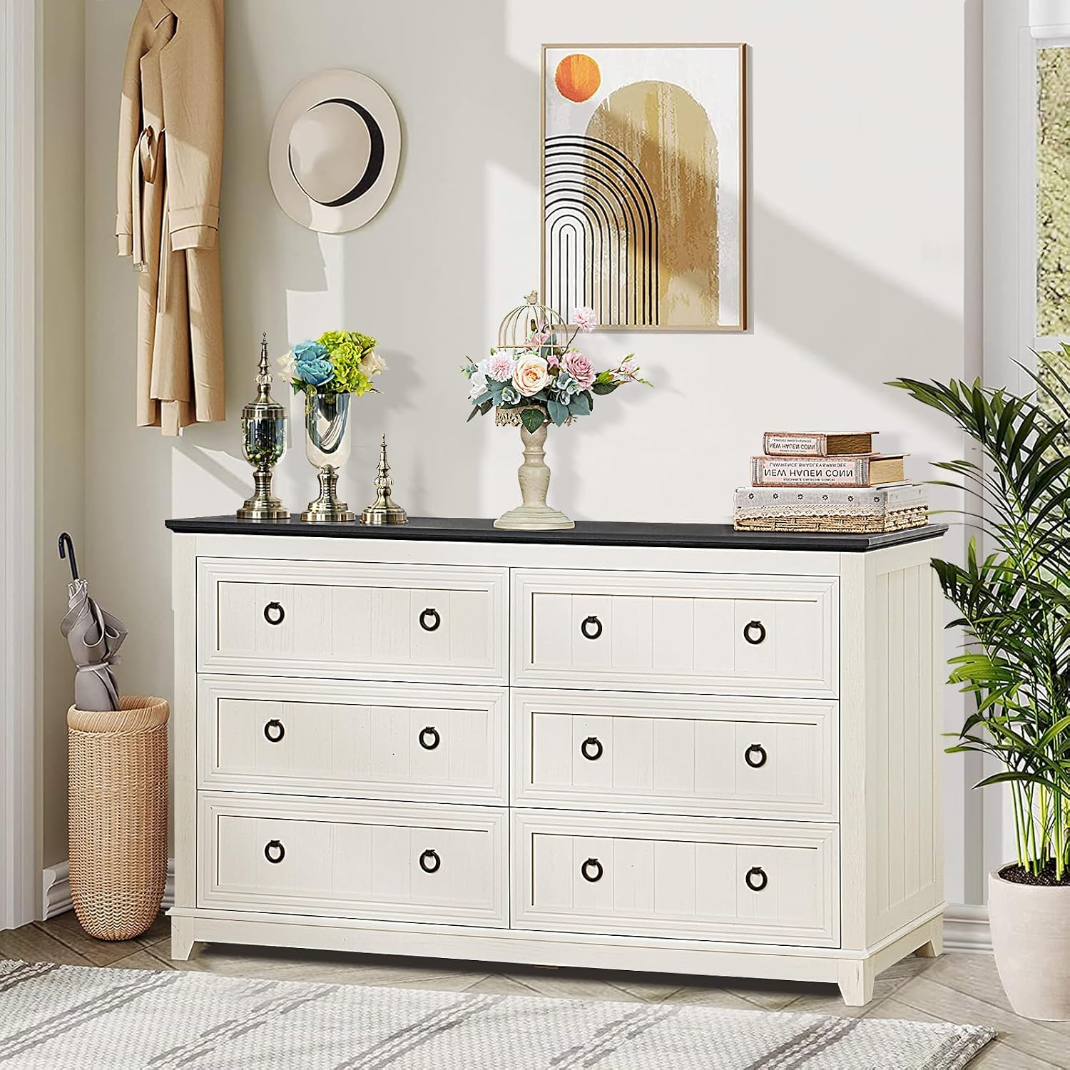 Joaxswe Farmhouse Furniture Set, Nightstands Set of 2 and 6 Drawers Dresser for Bedroom, 54 Inch Wide Wood Dresser and 18' Night Stands with Charging Station for Bedroom, Living Room, Hallway