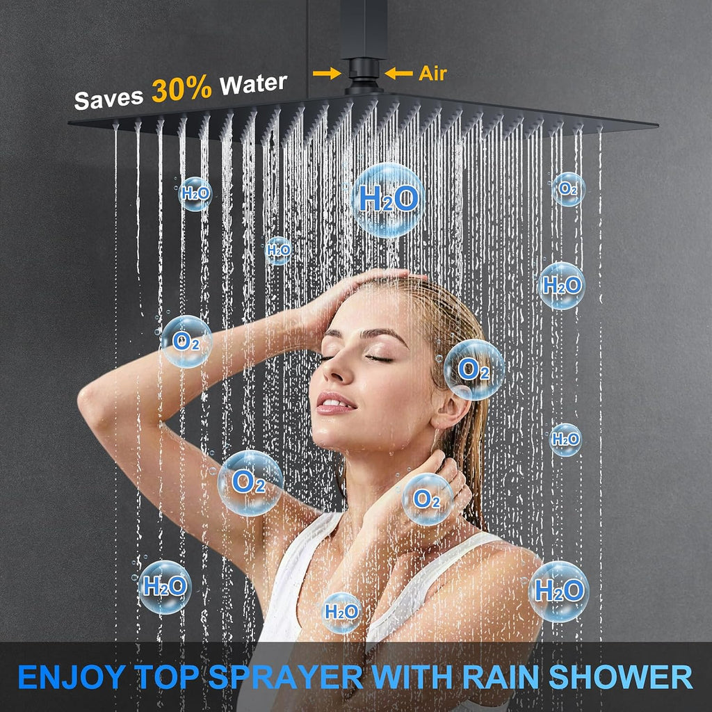 Shower Faucet Set, 12' Ceiling Mount Rainfall Shower System with 12'' Top Head+6'' Side Head and Multi-function Handheld Head Push Button Diverter Shower Faucet Trim Kit (12', Matte Black)
