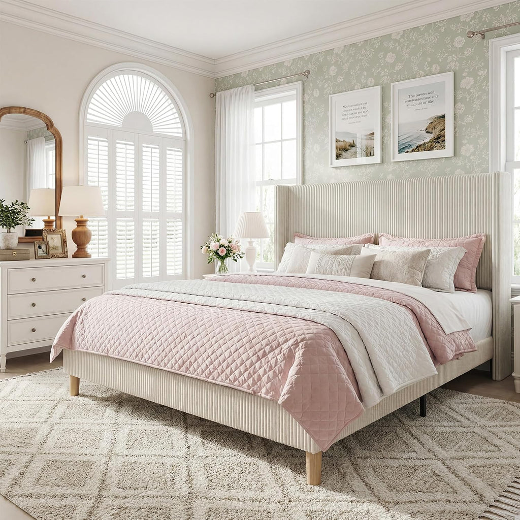 HUAHUU King Size Bed Frame with 51.2' Tall Headboard, Corduroy Upholstered Bed Frame with Wingback, Platform Bed with Wooden Slats Support, Easy Assembly, No Box Spring Needed, Beige