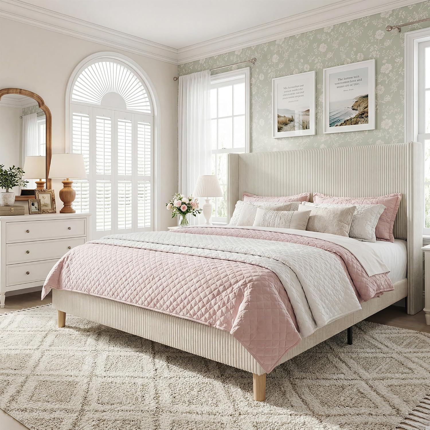 HUAHUU King Size Bed Frame with 51.2' Tall Headboard, Corduroy Upholstered Bed Frame with Wingback, Platform Bed with Wooden Slats Support, Easy Assembly, No Box Spring Needed, Beige