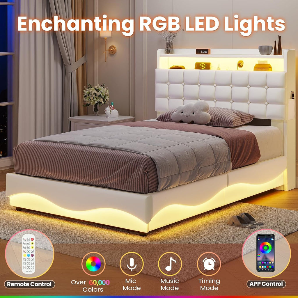 ADORNEVE Lift Up Storage Twin Bed Frame with LED Lights, Hidden Storage Headboard and Charging Station, Upholstered Platform Bed, LED Bed with Hydraulic, No Box Spring Needed, Creamy White