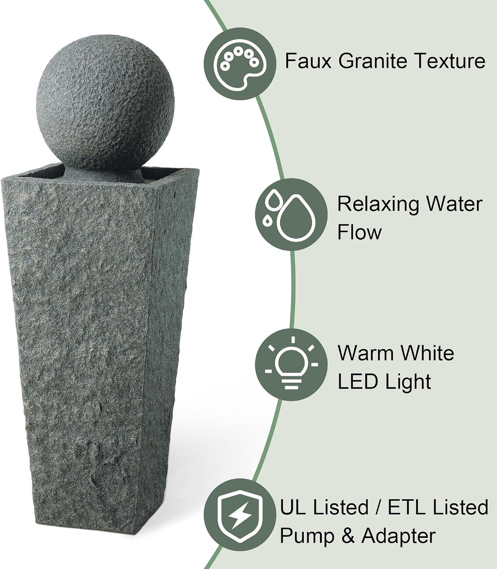 Glitzhome Outdoor Water Fountain with LED Light, Oversized Modern Sphere Pedestal Water Fountain with Submersible Pump, Outdoor Fountains Garden Waterfall for Patio Deck Porch, 40.25' H