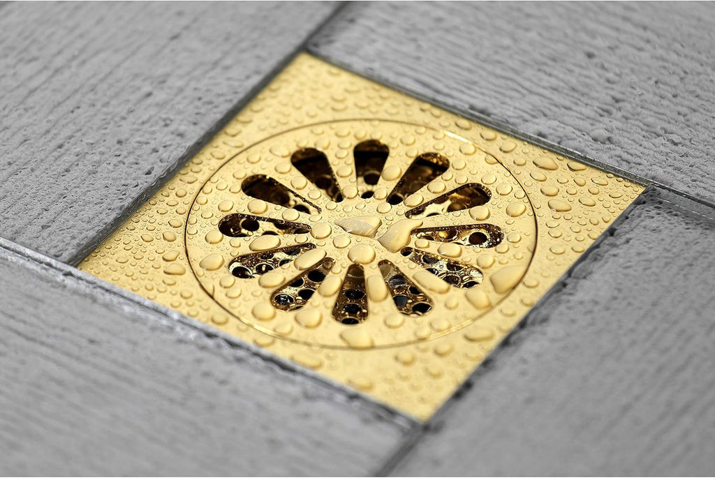 Sunburst 4' Brass Square Grid Shower Drain with Hair Strainer, Brushed Brass