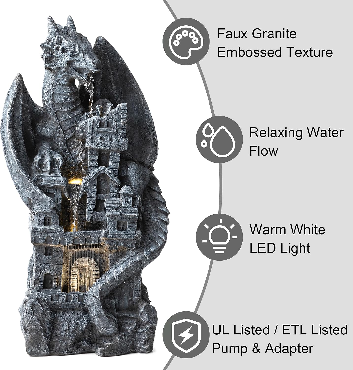 Glitzhome Outdoor Fountain 37' H, 4-Tiered Waterfall Indoor Water Fountain Freestanding Water Feature Fountains with Pump & LED Lights Outside Garden Backyard Decor, Gothic Dragon