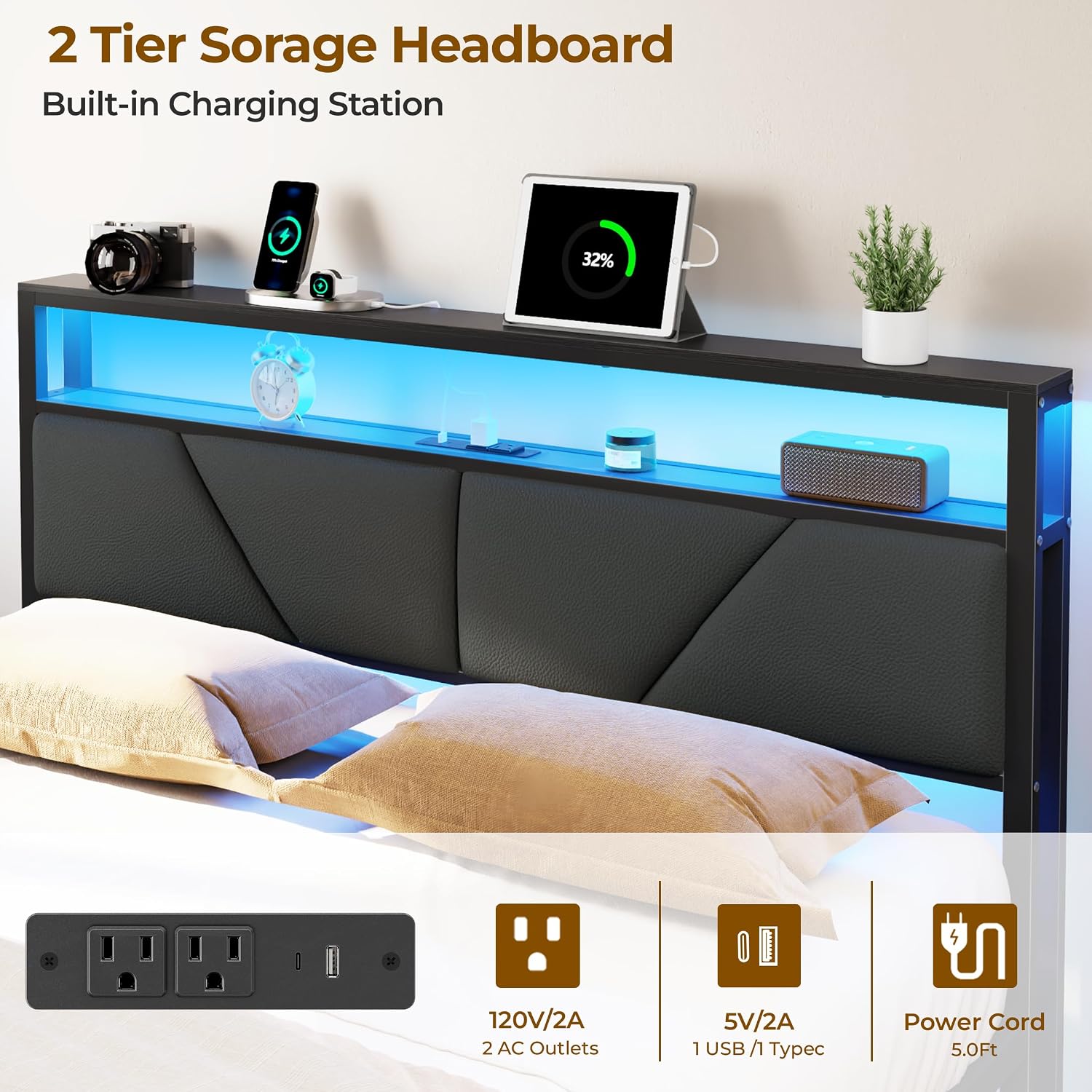 Forestell Full Size Bed Frame with Headboard 2-Tier Storage, PU Leather Upholstered Platform Bed Frame Full with 6 Storage Drawers, Charging Station and LED Lights, No Box Spring Needed, Noise Free