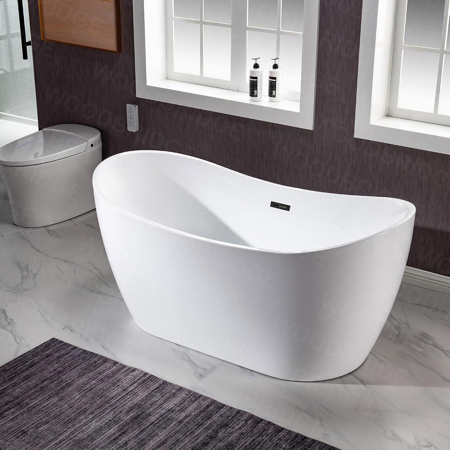 WOODBRIDGE 59'Freestanding White Acylic Soaking Bathtub with Matte Black Drain and Overflow,B0011-MB