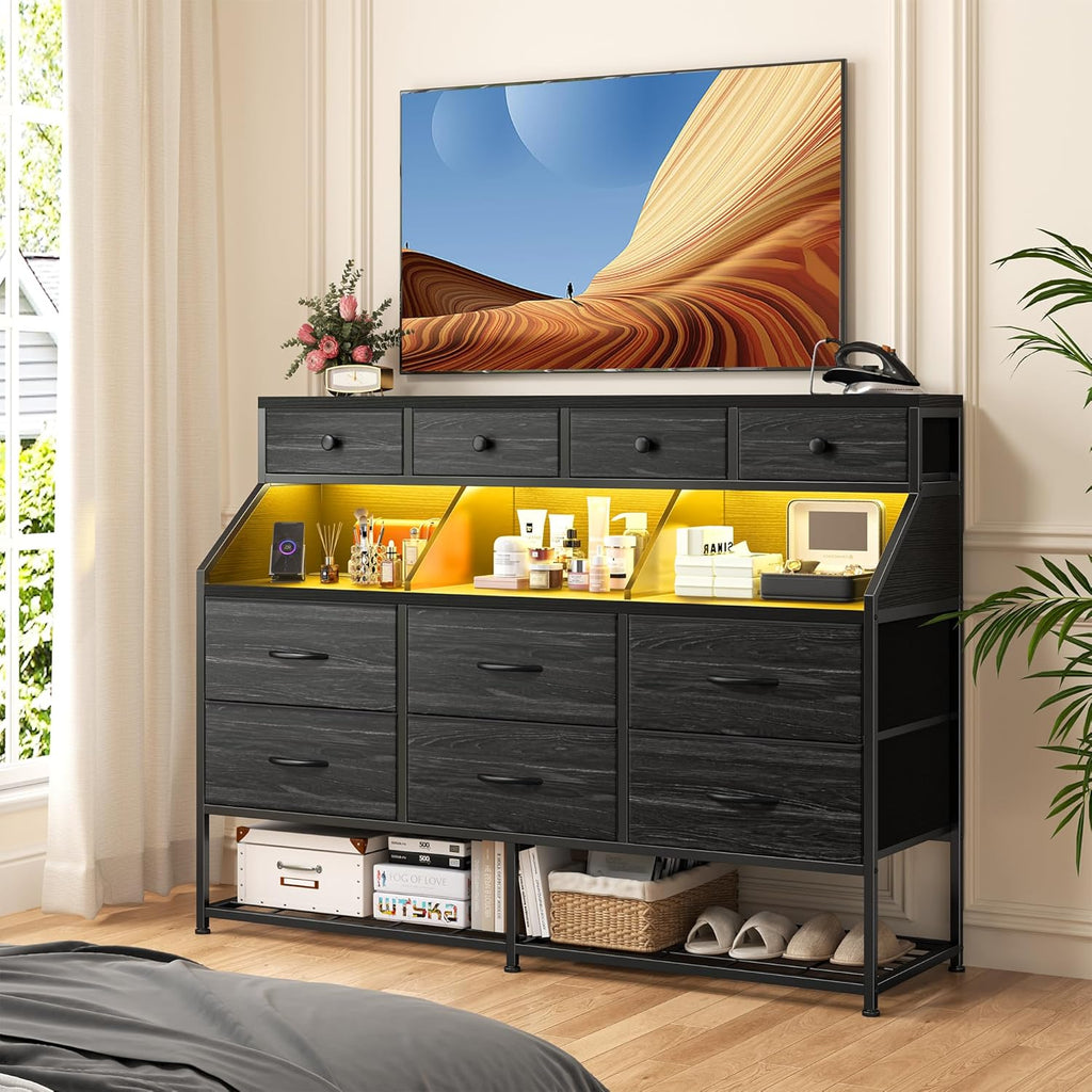 EnHomee Dresser for Bedroom with 10 Drawers & Shoe Rack Fabric Dressers & Chests of Drawers with LED Lights and Power Outlets Bedroom Dresser for Entryway, Hallway(Charcoal Black)