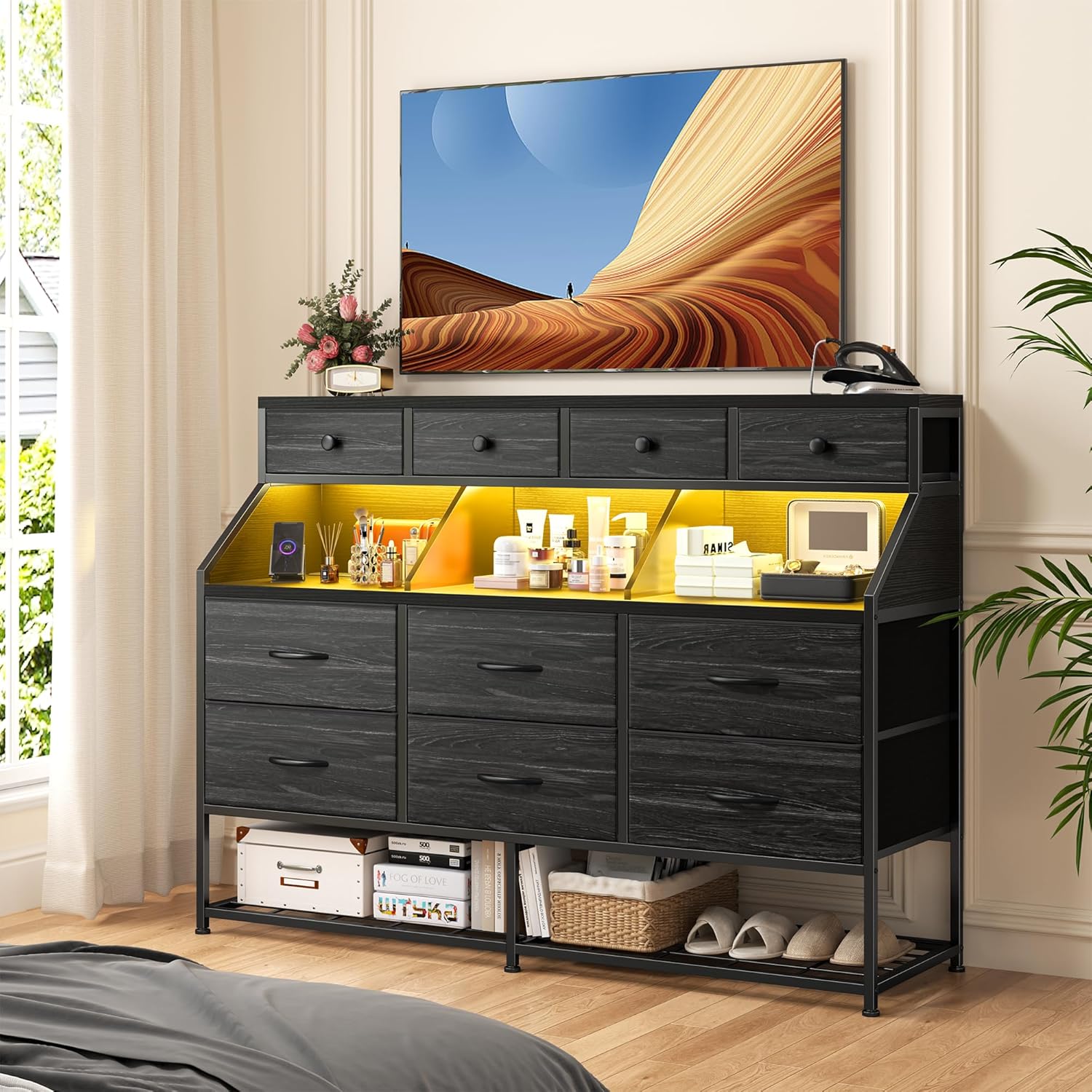 EnHomee Dresser for Bedroom with 10 Drawers & Shoe Rack Fabric Dressers & Chests of Drawers with LED Lights and Power Outlets Bedroom Dresser for Entryway, Hallway(Charcoal Black)